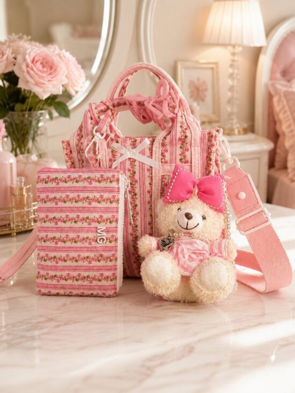 Madden Girl Floral Stripe Mini Tote Teddy Bear Charm Pink Coquette NWT